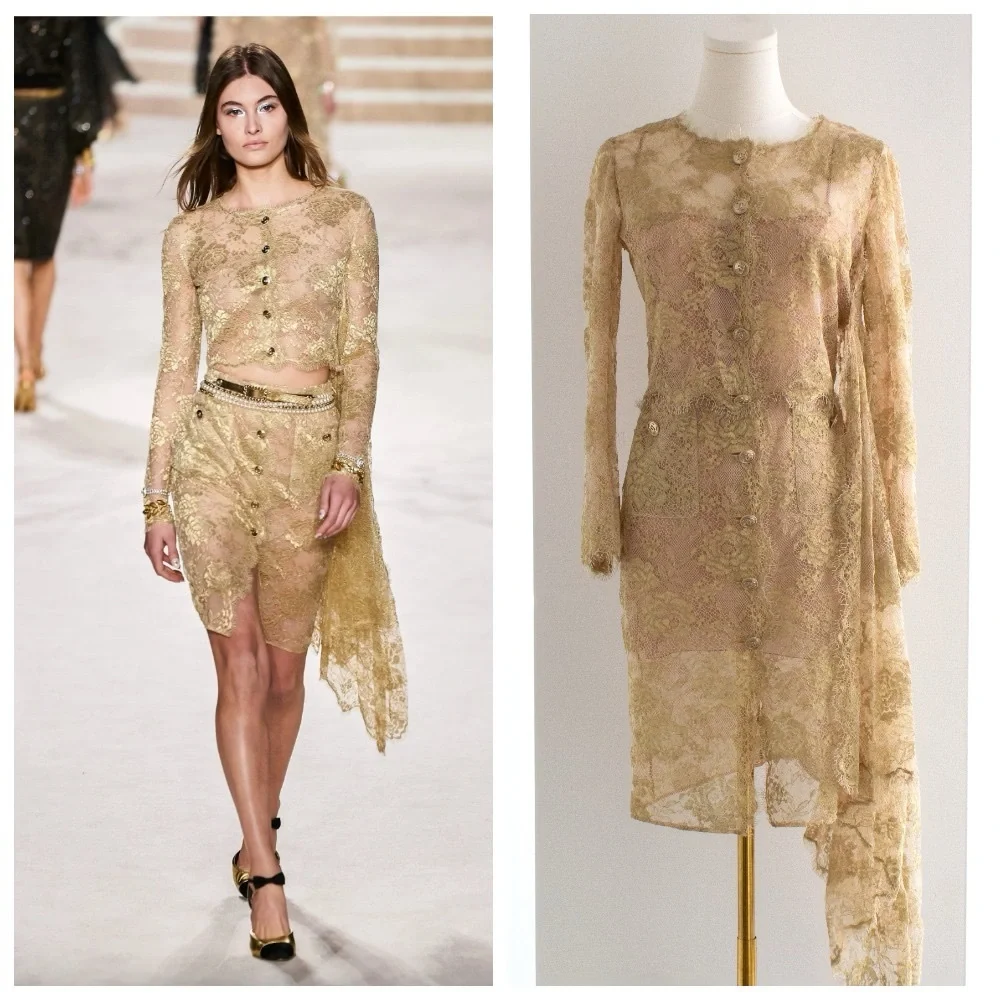 Chanel F/W 2020 Metiers D'Art Shimmery Gold Beige Lace Top Skirt 20A Suit - Picture 1 of 17